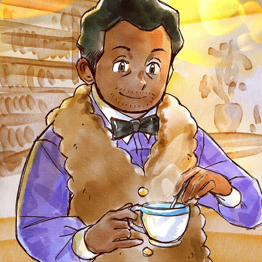 1boy black_bow black_bowtie black_hair bow bowtie brown_eyes brown_vest buttons closed_mouth collared_shirt commentary cup dark-skinned_male dark_skin facial_hair go-lurk highres holding holding_cup holding_spoon indoors professor_laventon long_sleeves looking_down male_focus nintendo pokemon pokemon_legends:_arceus purple_shirt shirt short_hair smile solo spoon steam stirring stubble upper_body vest