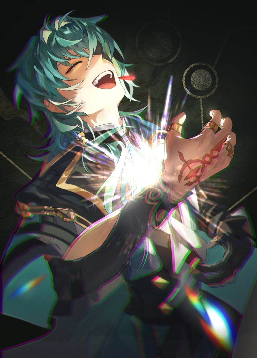 1boy absurdres anaxa_(honkai:_star_rail) black_gloves black_jacket closed_eyes earrings eyepatch gloves hand_up highres honkai:_star_rail honkai_(series) jacket jewelry jpeg01 laughing male_focus medium_hair one_eye_covered open_mouth red_tattoo side_ponytail single_earring smile solo teeth upper_body upper_teeth_only