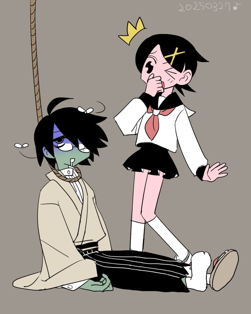 &gt;_o 1boy 1girl ahoge black_hair brown_background bug colored_skin corpse covering_nose dated death fly full_body fuura_kafuka glasses green_skin hair_ornament hairclip hand_on_own_face hanged highres insect itoshiki_nozomu kneehighs neckerchief no_sclera noose one_eye_closed open_mouth rope_around_neck sailor_collar saliva sanpaku sayonara_zetsubou_sensei school_uniform serafuku shoes short_hair simple_background single_shoe skirt socks suicide teacher_and_student turn_pale white_socks zimizimi7human