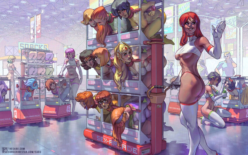 2boys 6+girls alex_(totally_spies) april_o&#039;neil ass ayanami_rei black_hair blonde_hair bodysuit breasts clover_(totally_spies) commentary crop_top crossover daphne_blake dc_comics dress english_commentary green_bodysuit indoors large_breasts life_is_strange_(series) life_is_strange_1 long_hair mass_effect_(series) max_caulfield multiple_boys multiple_girls neon_genesis_evangelion orange_hair overwatch panties purple_dress red_hair red_panties restrained sabu_(sabudenego) sam_(totally_spies) samara_(mass_effect) scenery scooby-doo she-ra she-ra_princess_of_power sheila_haywood short_hair slave snow_white_(disney) snow_white_and_the_seven_dwarfs sombra_(overwatch) souryuu_asuka_langley star_wars stationary_restraints teenage_mutant_ninja_turtles thighhighs thong totally_spies underboob underwear velma_dinkley white_thighhighs wonder_woman wonder_woman_(series) yellow_bodysuit