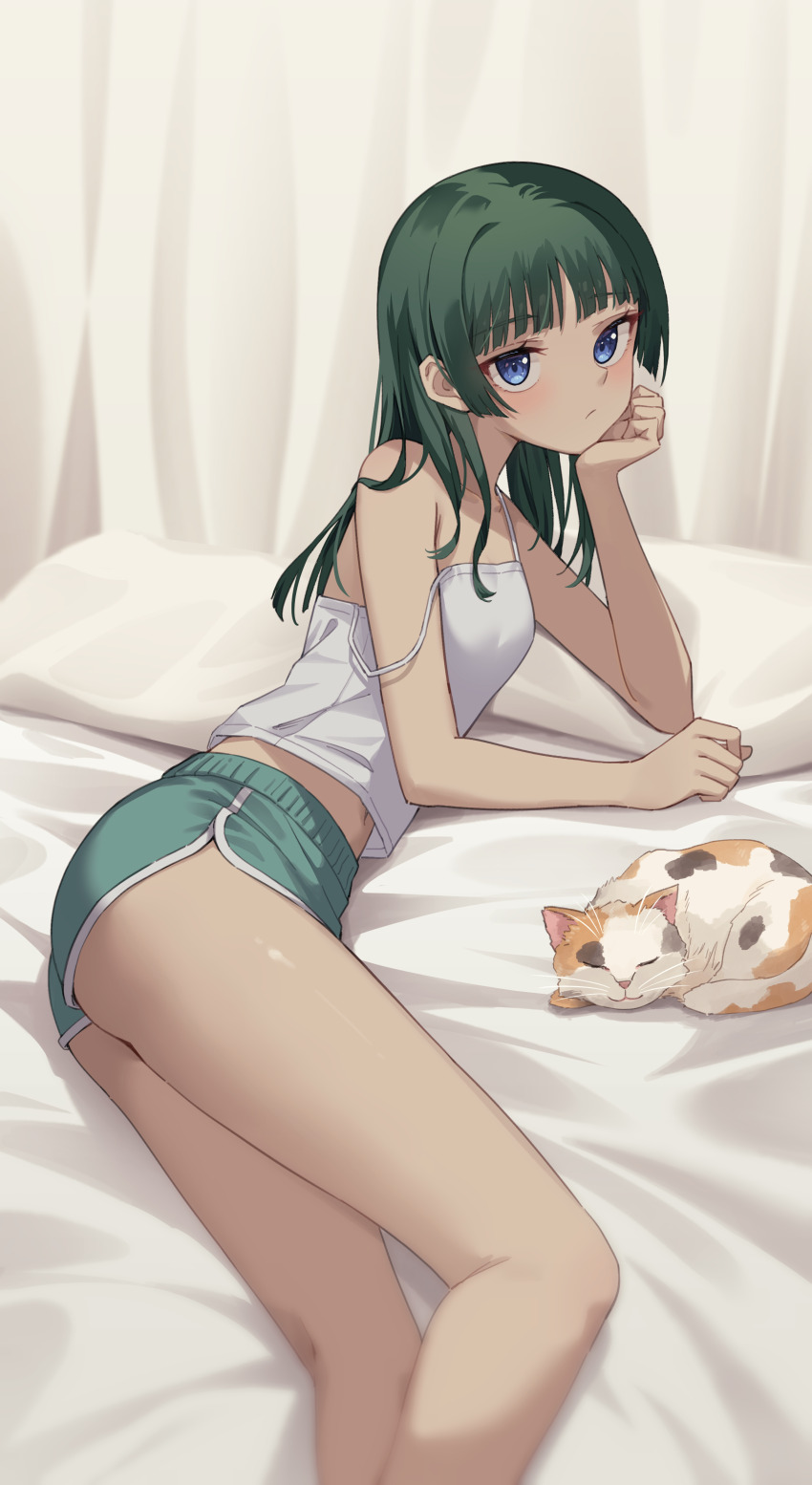 1girl :/ absurdres bare_arms bed_sheet blue_eyes blunt_bangs breasts camisole cat choppy_bangs closed_mouth commentary_request contemporary dolphin_shorts flat_chest green_hair hand_on_own_chin highres kusuriya_no_hitorigoto long_hair looking_at_viewer lying mao_mao_the_cat maomao_(kusuriya_no_hitorigoto) midriff_peek navel on_side profnote short_shorts shorts small_breasts solo strap_slip white_camisole