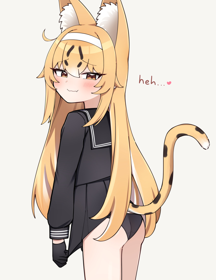 1girl animal_ear_fluff animal_ears ass black_gloves black_panties blonde_hair blue_serafuku blue_skirt blush brown_eyes cat_ears cat_girl cat_tail clothes_lift cowboy_shot fang from_side gloves hair_tattoo hairband heart highres kenken_(keuken) long_hair looking_at_viewer multicolored_hair multicolored_tail orange_tail original panties school_uniform serafuku serika_(kenken) side_ahoge skin_fang skirt skirt_lift solo spoken_heart spotted_tail tail tail_under_clothes underwear wavy_mouth white_hairband