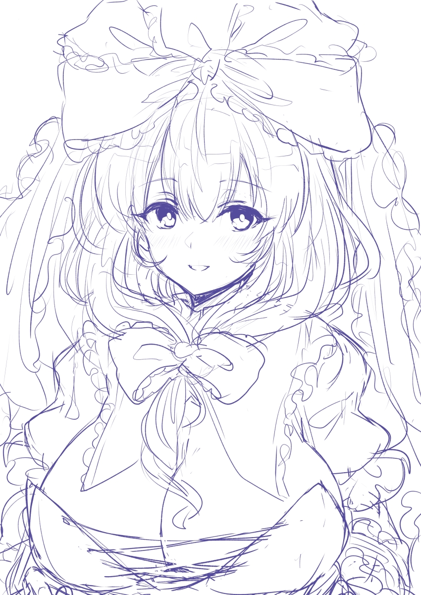 1girl absurdres bow breasts cleavage commentary cross-laced_clothes efukei frilled_bow frilled_ribbon frills front_ponytail hair_bow hair_ribbon highres kagiyama_hina large_breasts long_hair looking_at_viewer monochrome parted_lips ribbon short_sleeves simple_background sketch smile solo touhou upper_body