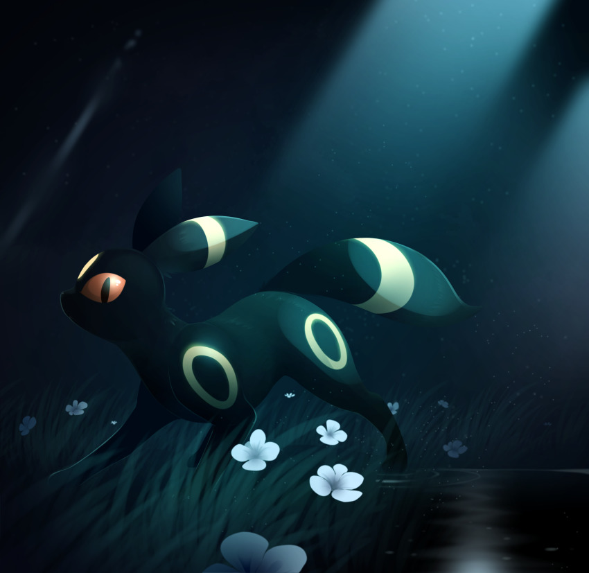 animal_focus b-epon black_eyes colored_sclera dark flower from_side full_body gen_2_pokemon grass highres light_particles light_rays looking_at_viewer night nintendo no_humans outdoors pokemon pokemon_(creature) red_sclera ripples solo standing umbreon water white_flower