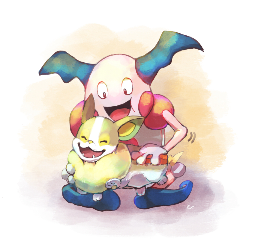 1other bishamon_(usagi_ba) black_eyes bright_pupils commentary fangs full_body game_freak gen_1_pokemon gen_8_pokemon happy highres mr._mime nintendo on_lap open_mouth petting pokemon pokemon_(creature) pokemon_on_lap simple_background white_pupils yamper