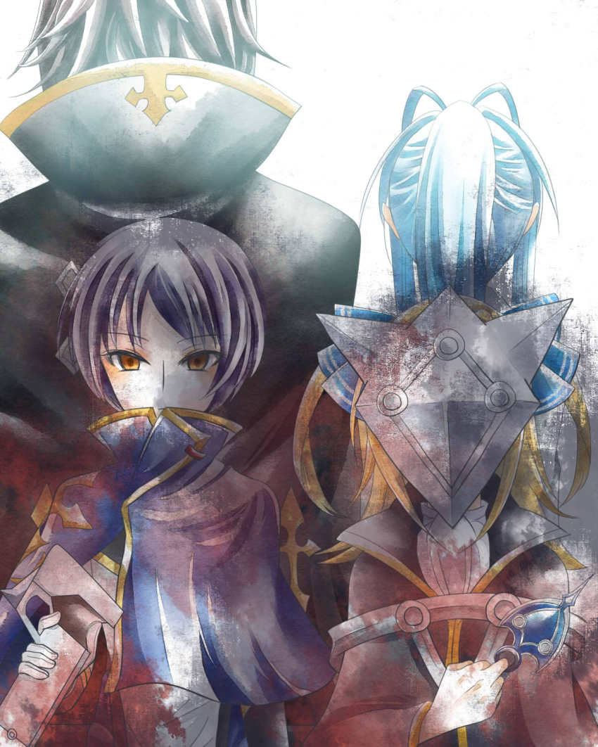 2boys 2girls antenna_hair back-to-back black_hair blazblue blazblue_remix_heart blonde_hair blue_hair cape genderswap genderswap_(mtf) hibiki_kohaku highres kagura_mutsuki long_hair mai_natsume mask mithiruka multiple_boys multiple_girls ponytail shiori_kirihito trait_connection two_side_up upper_body weapon