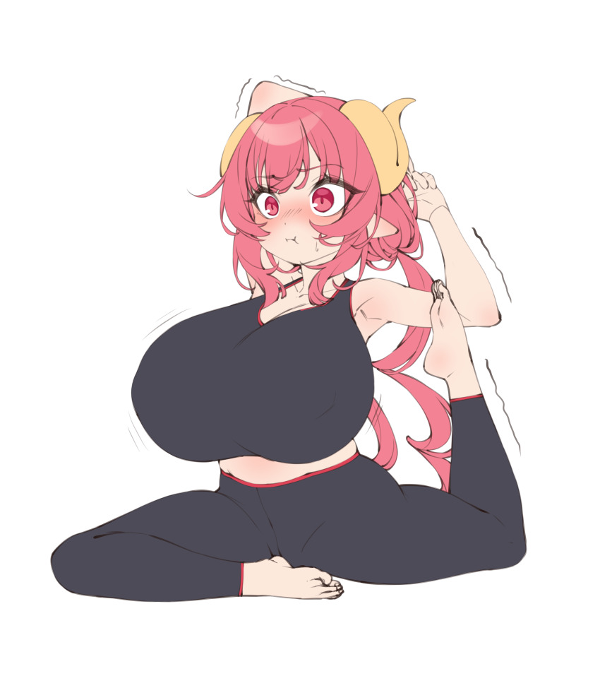 1girl :t absurdres barefoot black_tank_top blush breasts dragon_horns elomil full_body highres horns huge_breasts ilulu_(maidragon) kobayashi-san_chi_no_maidragon long_hair low_twintails pants pointy_ears red_eyes red_hair simple_background slit_pupils solo tank_top trembling twintails white_background yoga yoga_pants