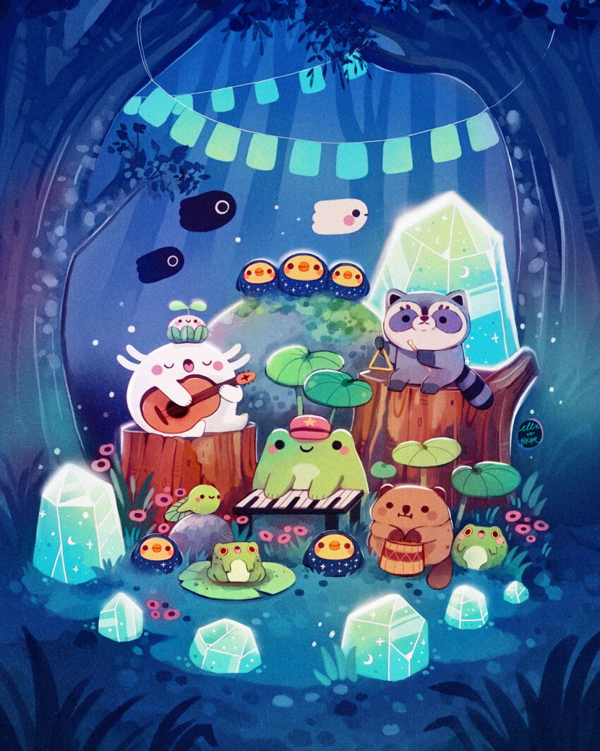 artist_name bird crystal drum duck ellievsbear forest frog ghost grass guitar hat highres holding holding_guitar holding_instrument instrument lily_pad music nature night no_humans on_rock original outdoors plant playing_guitar playing_instrument playing_piano raccoon red_hat rock signature sitting on_tree_stump smile spirit standing string_lights tree tree_stump triangle_(instrument)