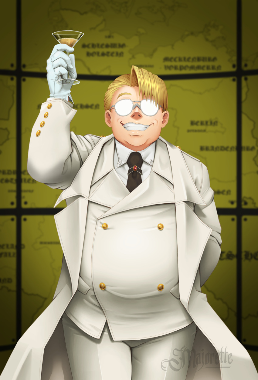 1boy absurdres artist_name blonde_hair coat cup drinking_glass formal_clothes germany glasses gloves grin hellsing highres major_(hellsing) majorette_(artist) male_focus map nazi necktie obscured_eyes raised_glass short_hair smile solo suit white_coat white_gloves wine_glass