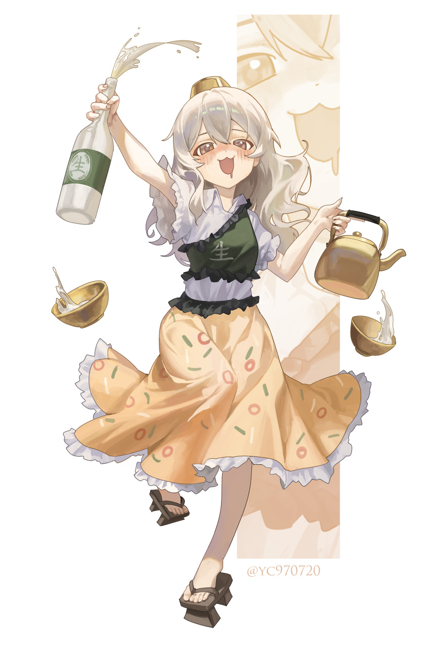 1girl absurdres alcohol arm_up blush bottle bowl brown_eyes brown_hat clothes_writing collared_shirt commentary_request double-parted_bangs drooling full_body geta glass_bottle green_vest grey_hair hair_between_eyes hat highres holding holding_bottle holding_kettle kettle korean_commentary long_hair looking_at_viewer makgeolli_geolli mouth_drool original school_swimsuit shirt skirt solo swimsuit syc2159 touhou twitter_username vest white_background white_shirt yellow_skirt zoom_layer