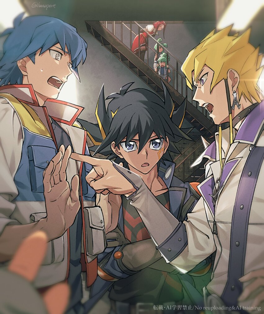 2girls 4boys black_hair black_shirt blonde_hair blue_hair brown_gloves bruno_(yu-gi-oh!) crossed_arms crow_hogan earrings facial_mark fudo_yusei gloves group_picture highres indoors izayoi_aki jack_atlas jacket jewelry lua_(yu-gi-oh!) luca_(yu-gi-oh!) lunapont medium_hair multicolored_hair multiple_boys multiple_girls pointing pointing_at_another pov purple_eyes shirt spiked_hair stairs surprised twitter_username two-tone_hair watermark white_jacket yu-gi-oh! yu-gi-oh!_5d&#039;s