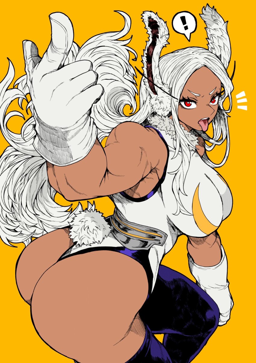 ! 1girl :p animal_ears artist_collaboration ass bare_shoulders boku_no_hero_academia breasts clothing_cutout colorized commentary commentary_request crescent_print dark-skinned_female dark_skin english_commentary floating_hair foreshortening from_side fur_collar gloves highleg highleg_leotard highres index_finger_raised large_breasts leotard long_eyelashes long_hair looking_at_viewer mirko mirkosimps notice_lines open_mouth outstretched_arm parted_bangs partial_commentary purple_thighhighs rabbit_ears rabbit_girl rabbit_tail red_eyes short_eyebrows simple_background sleeveless_turtleneck_leotard solo spoken_exclamation_mark tail tail_through_clothes taut_leotard thick_thighs thighhighs thighs toned toned_female tongue tongue_out v-shaped_eyebrows very_long_hair white_gloves white_hair white_leotard yellow_background yotsumi_shiro