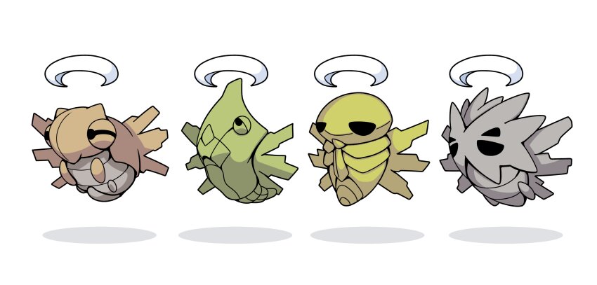 absurdres commentary_request fakemon floating fukidashi_cotton gen_1_pokemon gen_2_pokemon gen_3_pokemon halo highres hollow_eyes kakuna metapod nintendo no_humans pokemon pokemon_(creature) pokemon_focus pupitar shadow shedinja simple_background white_background