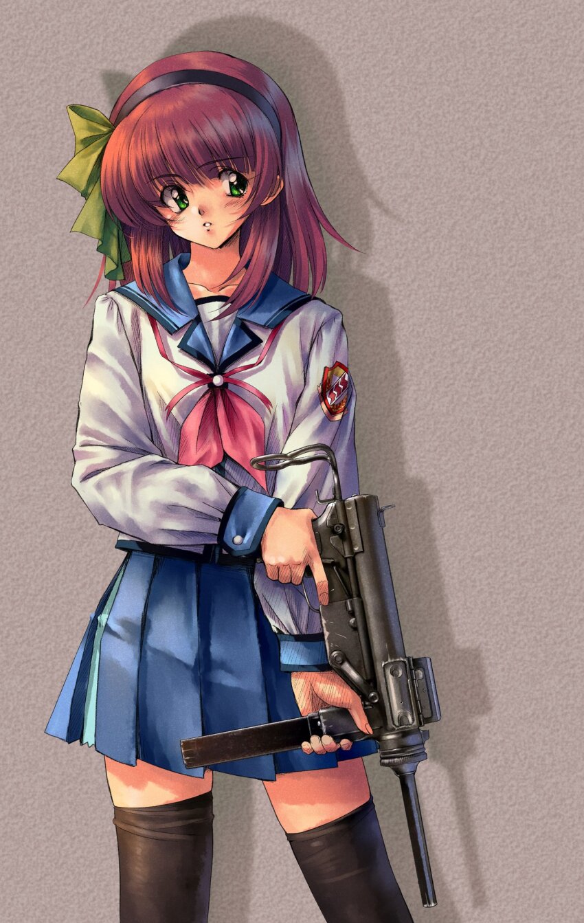 1990s_(style) 1girl angel_beats! black_thighhighs blue_skirt green_eyes gun highres long_sleeves longmei_er_de_tuzi m3_submachine_gun nakamura_yuri purple_hair retro_artstyle school_uniform shadow shirt skirt solo submachine_gun thighhighs trigger_discipline weapon white_shirt