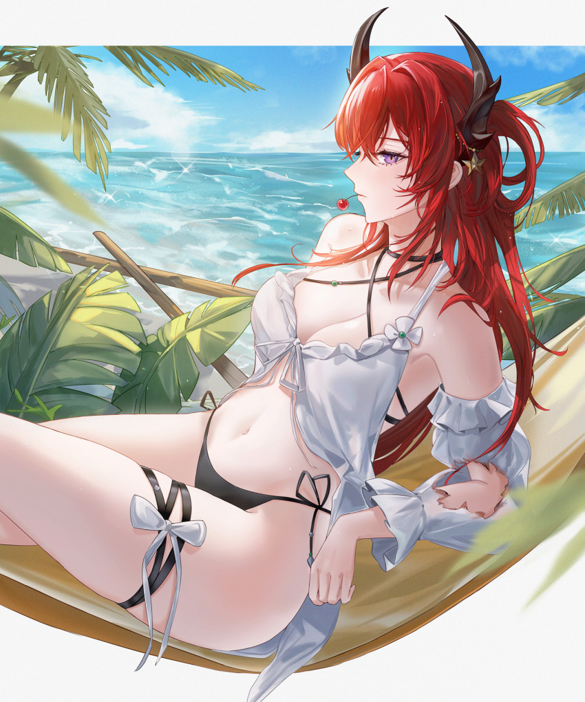 1girl arknights babydoll bare_shoulders bikini black_bikini black_choker bow breasts burnt_clothes cherry choker cleavage closed_mouth day detached_sleeves food fruit hammock highres horn_ornament horns kachi long_hair long_sleeves medium_breasts mouth_hold ocean official_alternate_costume outdoors purple_eyes red_hair sitting solo star_(symbol) surtr_(arknights) surtr_(colorful_wonderland)_(arknights) swimsuit thigh_strap very_long_hair white_bow