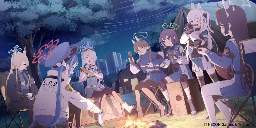 :d ^_^ absurdres animal_ears apartment armband belt_pouch black_gloves black_hair black_pantyhose blonde_hair blue_archive blue_hair blue_hat blue_skirt bow braid brown_hair building campfire chair closed_eyes cloud commentary copyright_notice cup dog_ears explosive fake_animal_ears fire folding_chair fubuki_(blue_archive) glasses gloves green_eyes grenade grin hair_bow hair_ornament hair_over_one_eye halo harmonica hat highres holding holding_cup holding_grenade holding_instrument holding_skewer instrument jacket kanna_(blue_archive) kirino_(blue_archive) knee_guards leaf_hair_ornament looking_at_another low_twintails lute_(instrument) miyako_(blue_archive) miyu_(blue_archive) moe_(blue_archive) mug music neckerchief necktie night notched_ear official_art open_clothes open_jacket open_mouth outdoors pantyhose playing_instrument pleated_skirt police police_hat police_uniform policewoman pouch rabbit_ears rabbit_platoon_(blue_archive) red_eyes sailor_collar saki_(blue_archive) school_uniform skewer skirt smile soeyumi stick_grenade tambourine tent tree twin_braids twintails two-tone_gloves white_hair wooden_box yellow_neckerchief