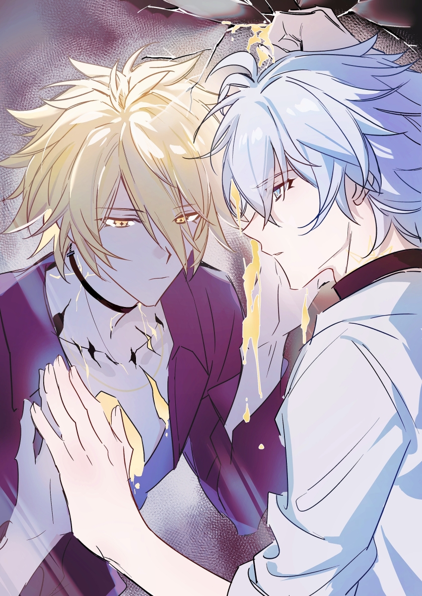1boy absurdres anchealcjiea antenna_hair black_choker black_shirt blonde_hair blue_eyes chinese_commentary choker commentary_request crack cracked_glass cracked_skin different_reflection dual_persona hand_on_mirror highres honkai:_star_rail honkai_(series) male_focus neck_tattoo open_clothes open_shirt phainon_(honkai:_star_rail) reflection shirt short_hair sleeves_rolled_up solo sun_symbol sun_tattoo tan tattoo white_hair white_shirt yellow_blood yellow_eyes