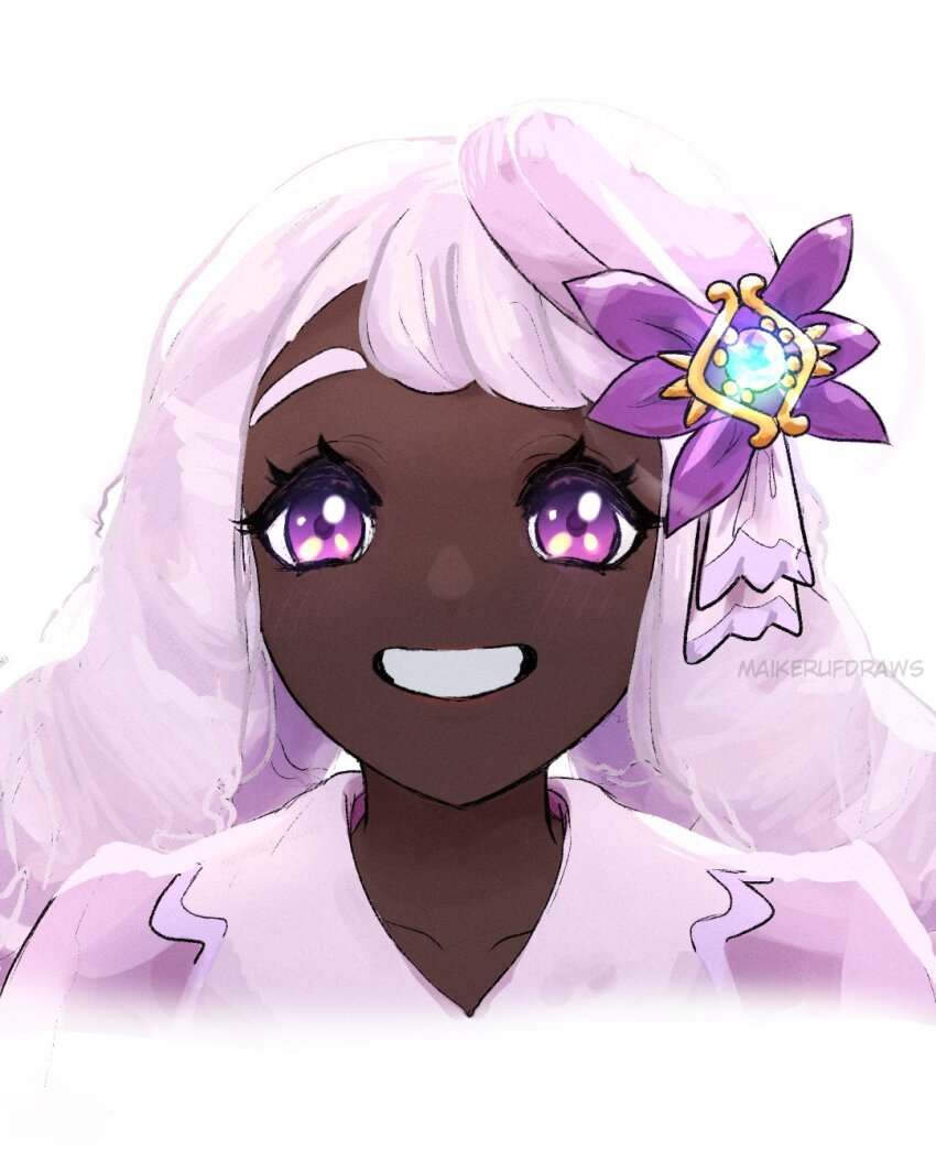 1girl dark-skinned_female dark_skin dress fascinator glowing_gem grin highres jacinthe_(pokemon) looking_at_viewer low_drills maikerufdraws mega_stone nintendo pokemon pokemon_legends:_z-a portrait purple_dress purple_eyes purple_hair smile solo very_dark_skin
