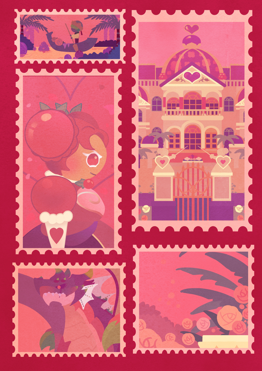1girl absurdres bandal castle cookie_run double_bun dragon flower gate hair_bun highres holding holding_paddle hollyberry_cookie mansion paddle pink_theme pitaya_dragon_cookie postage_stamp puffy_short_sleeves puffy_sleeves red_eyes red_flower red_hair red_rose rose short_sleeves