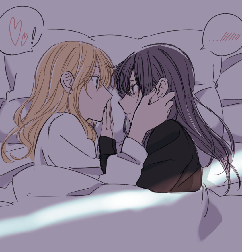 2girls aihara_mei aihara_yuzu bad_id bad_pixiv_id bed bed_sheet black_hair blonde_hair blush citrus_(saburouta) glidesloe green_eyes highres long_hair lying multiple_girls on_bed on_side pillow purple_eyes sheet_grab shirt siblings simple_background sisters step-siblings wife_and_wife yuri