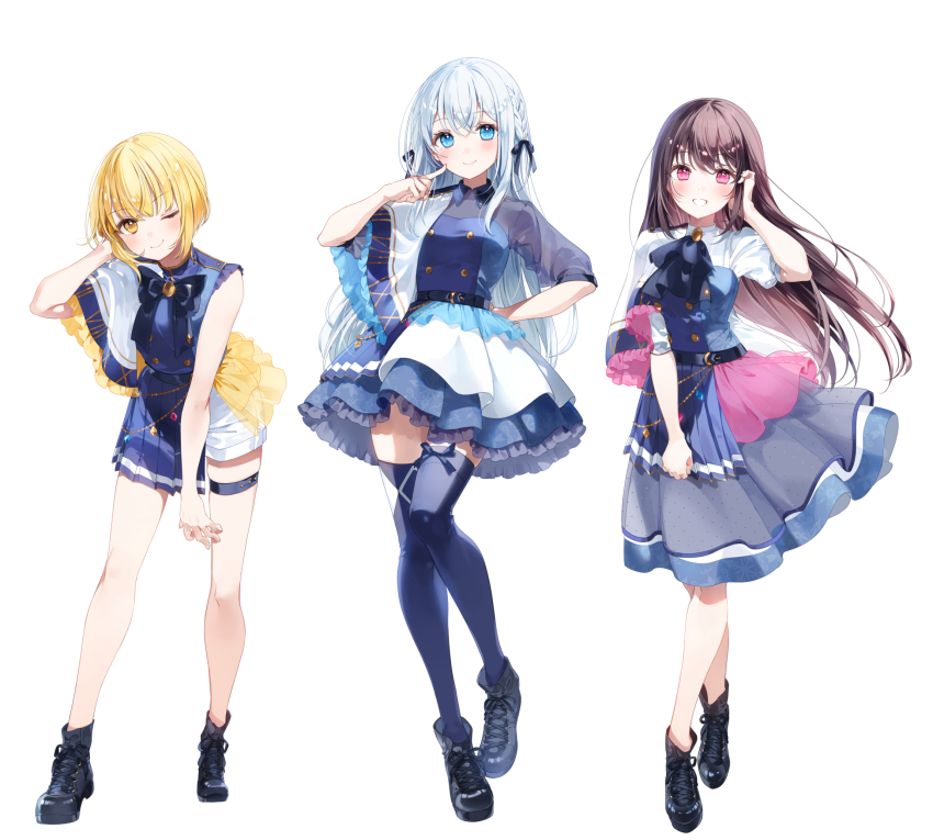 3girls a20_(atsumaru) adjusting_hair ascot blonde_hair blue_eyes blush bow bowtie breasts brown_hair buttons character_request commentary_request copyright_request double-breasted dress finger_to_cheek full_body hand_in_own_hair hand_on_own_head highres leaning_forward long_dress long_hair looking_at_viewer multiple_girls one_eye_closed pink_eyes short_dress short_hair simple_background small_breasts smile straight_hair thigh_strap thighhighs white_background white_hair wind yellow_eyes zettai_ryouiki