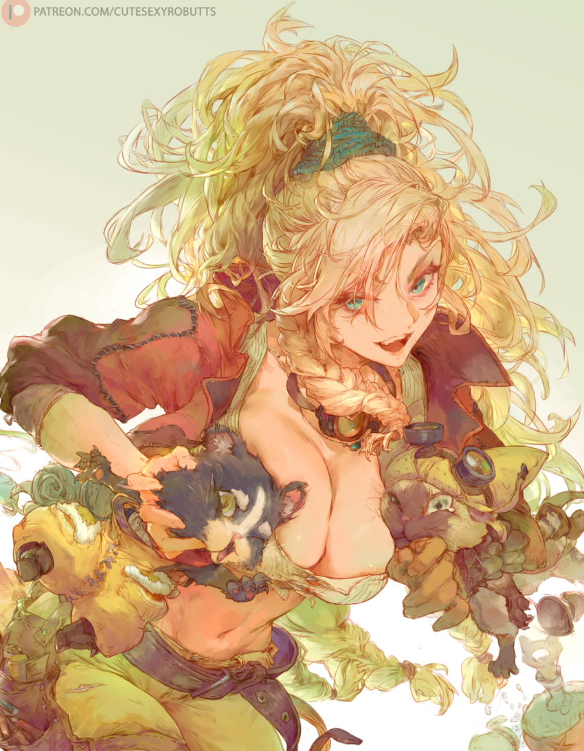 1girl arm_guards artist_name asymmetrical_gloves asymmetrical_hair blonde_hair blue_eyes braid breasts buckle capcom cat cleavage collarbone cowboy_shot cropped_jacket cutesexyrobutts felyne gemma_(monster_hunter_wilds) gloves goggles goggles_around_neck gradient_background green_eyes grey_background grin hair_between_eyes hair_ornament hair_scrunchie highres holding jacket lapels large_breasts leaning_forward leather leather_belt leather_jacket leather_pants lips long_hair long_sleeves looking_at_viewer messy_hair midriff monster_hunter_(series) monster_hunter_wilds navel notched_lapels open_clothes open_jacket open_mouth pants ponytail scrunchie smile standing teeth underwear upper_teeth_only very_long_hair