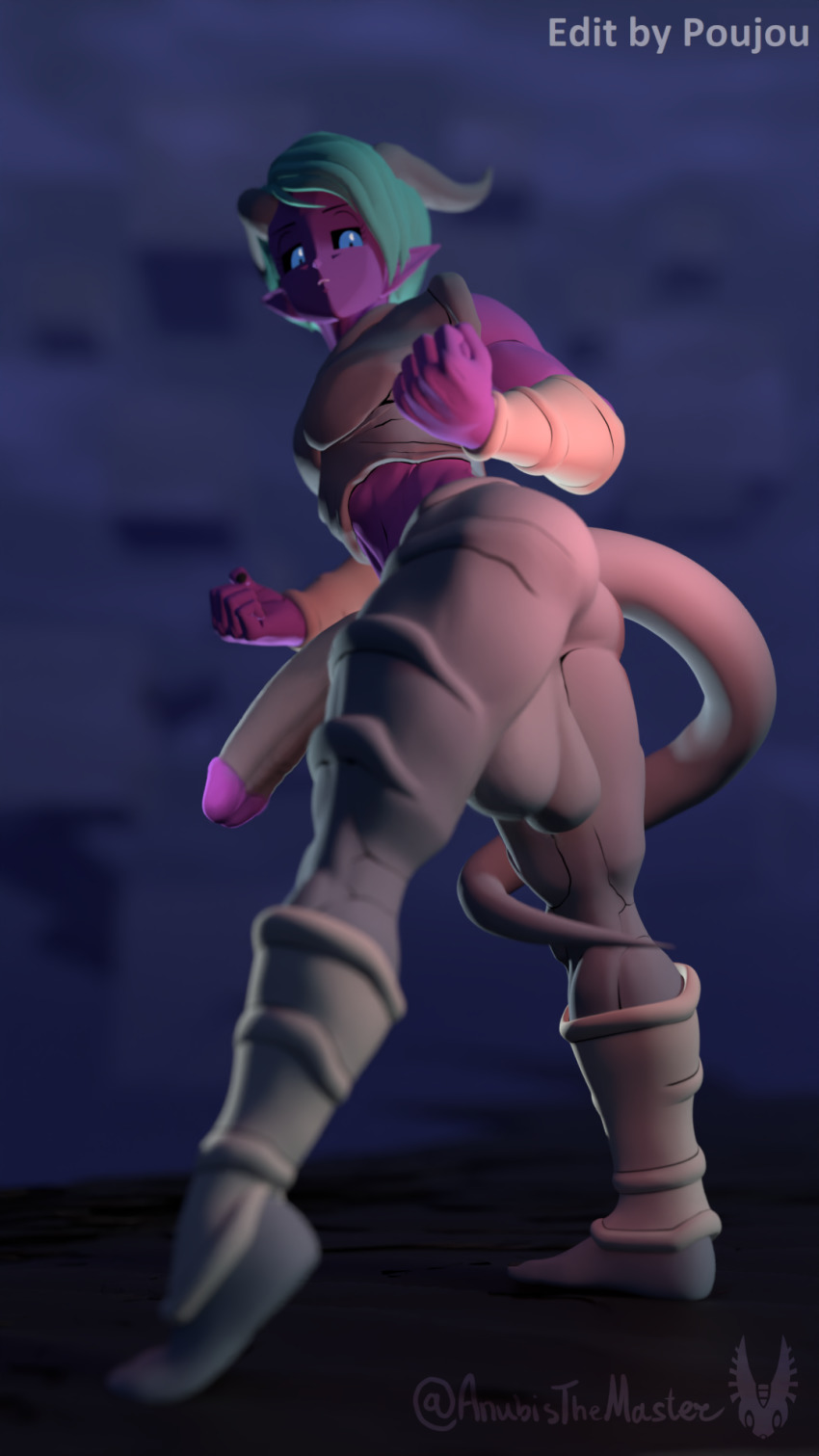 1boy 3d alternate_color anubisanimaster ass ass_focus blue_hair bulma clenched_hand cocktail colored_skin demon demon_boy demon_horns dragon_ball dragon_ball_super erection flat_chest from_behind from_below genderswap highres horns huge_ass janemba kishinpain large_testicles looking_at_viewer looking_back pointy_ears pointy_nipples poujou purple_penis purple_skin recolor red_eyes red_skin smirk solo standing tail testicles thighs third-party_edit transformation wide_hips wrinkled_skin