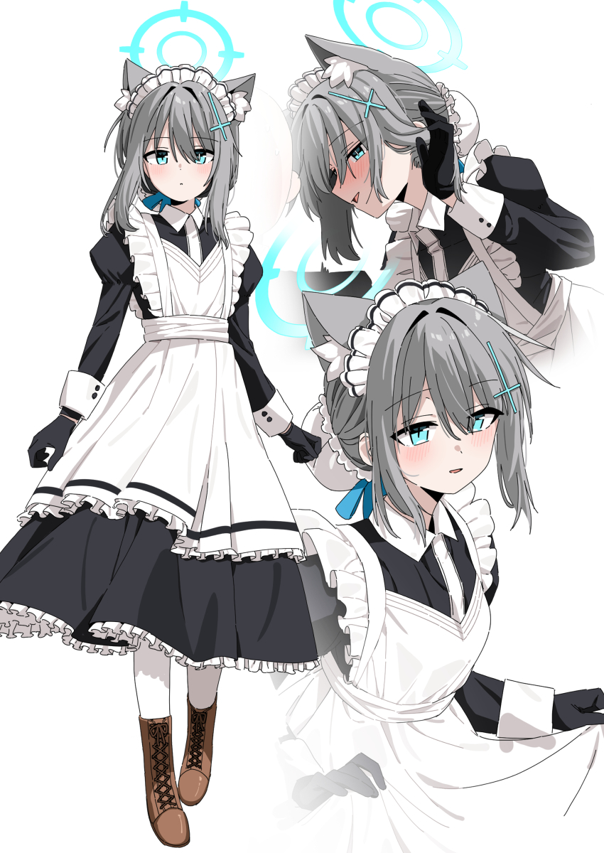 1girl absurdres animal_ears apron b.t._(boob_tong) blue_archive blue_eyes blue_halo blush breasts full_body grey_hair halo heterochromia highres looking_at_viewer maid maid_apron maid_headdress medium_hair shiroko_(blue_archive) skirt small_breasts standing wolf_ears