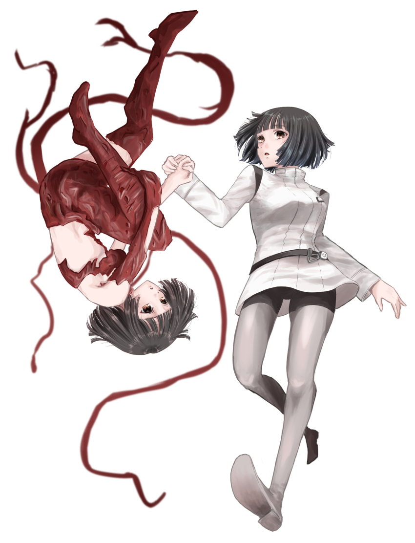2girls brown_eyes brown_hair dress gauna gauna_491 highres hoshijiro_shizuka looking_at_viewer multiple_girls open_mouth pantyhose shiraco_(sgdv2435) short_hair sidonia_no_kishi skirt tentacles turtleneck turtleneck_dress upside-down white_background white_dress