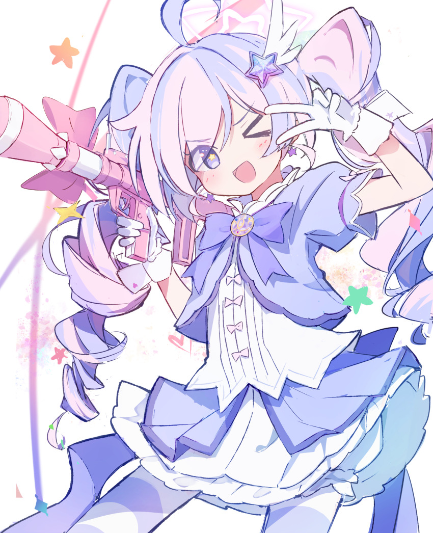 1girl ahoge blue_archive gloves haemori_ako hair_ornament highres holding official_alternate_costume one_eye_closed pantyhose pink_hair reisa_(blue_archive) reisa_(magical)_(blue_archive) rocket_launcher rpg rpg-7 rpg_(weapon) solo star_(symbol) twintails weapon white_gloves