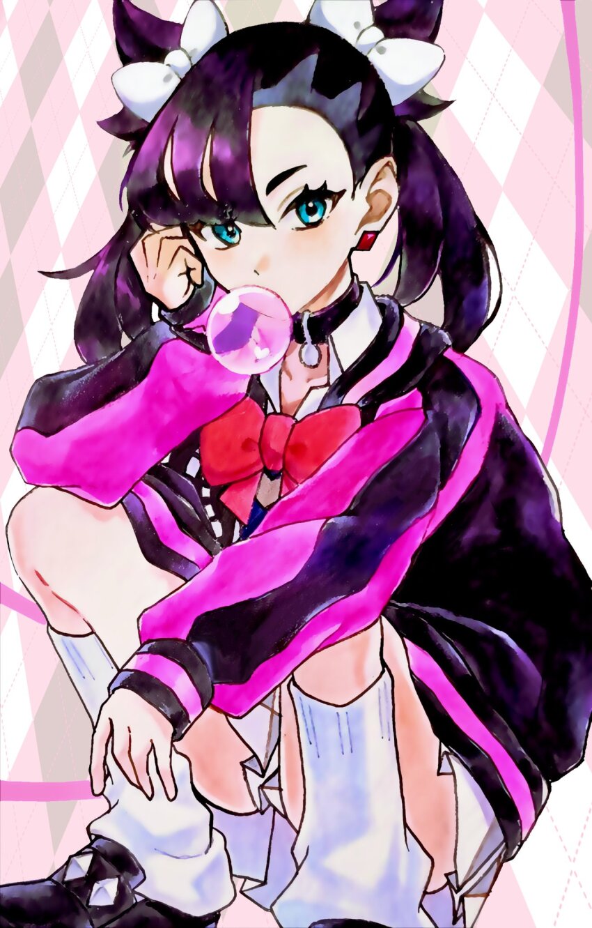 1girl aqua_eyes asymmetrical_bangs black_choker black_hair black_jacket black_shoes bow bowtie chewing_gum choker creatures_(company) earrings feet_out_of_frame game_freak hair_bow highres jacket jewelry looking_at_viewer marnie_(academy)_(pokemon) marnie_(pokemon) miniskirt multicolored_jacket nintendo pokemon pokemon_masters_ex red_bow red_bowtie saku06480514 school_uniform shoes skirt socks solo squatting traditional_media twintails two-tone_jacket undercut white_bow white_skirt white_socks