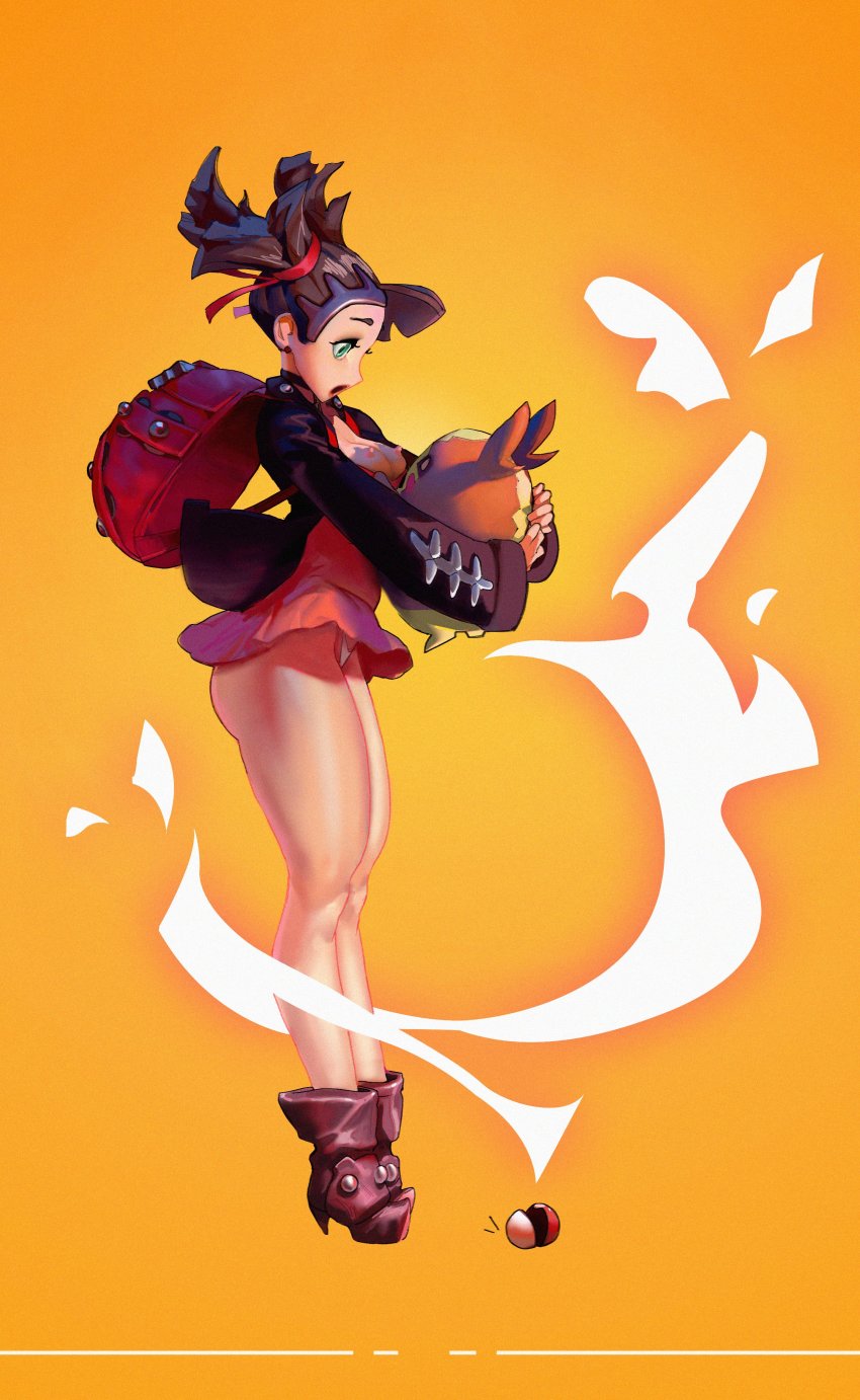 1girl :o absurdres assisted_exposure backpack bag boots breasts brown_hair game_freak gen_8_pokemon green_eyes hair_ribbon highres jacket long_hair marnie_(pokemon) morpeko morpeko_(full) nintendo nipples open_mouth open_poke_ball orange_background panties poke_ball poke_ball_(basic) pokemon pokemon_(creature) pokemon_swsh purpleisaprose red_ribbon ribbon skirt small_breasts thick_thighs thighs underwear white_panties yellow_background
