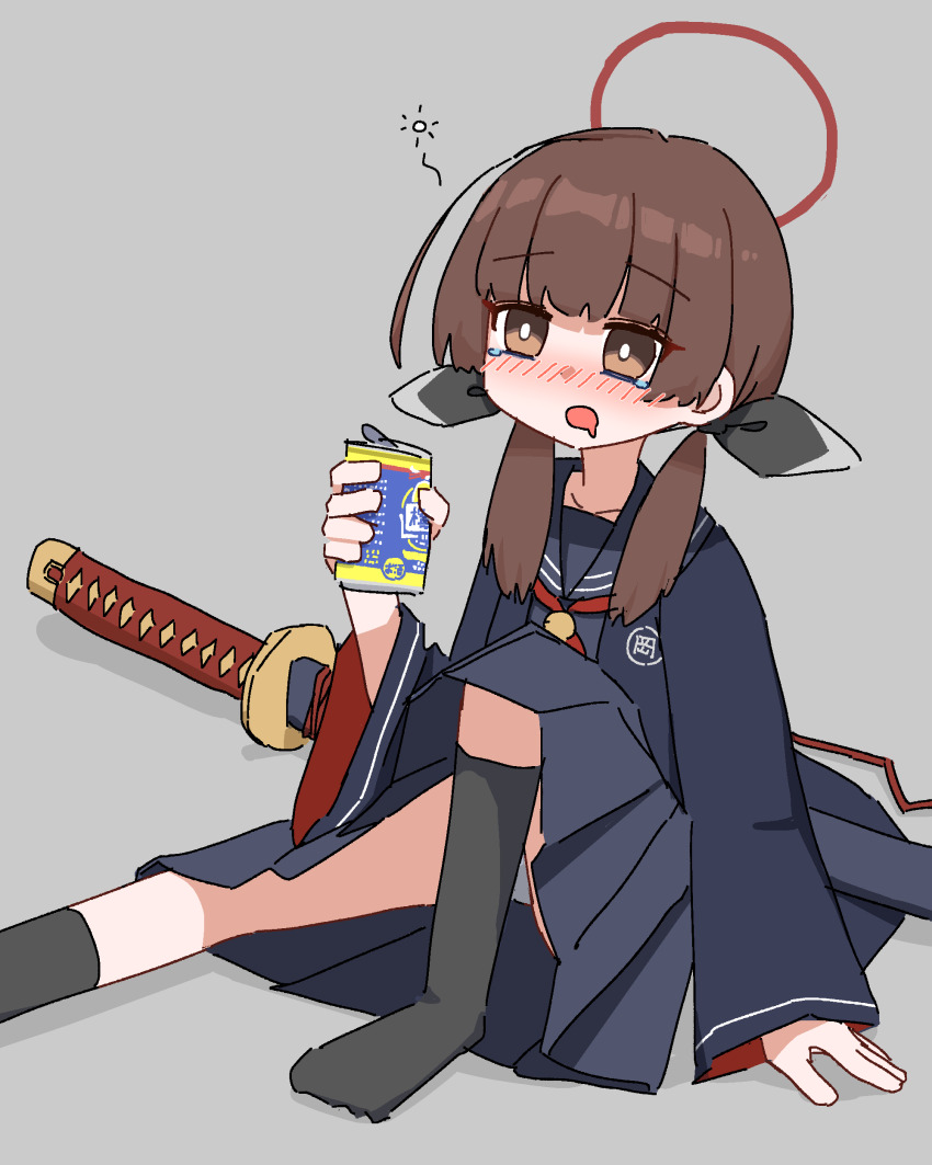 1girl absurdres alcohol beer beer_can black_serafuku black_skirt black_socks blush bright_pupils brown_eyes brown_hair can depressed drink_can drooling drunk grey_background hair_over_shoulder halo haori highres japanese_clothes loafers mouth_drool ohitome_kohane on_floor ootachi panties pantyshot project_kv red_halo saliva school_uniform serafuku sheath sheathed shigatsu_ichinichi_(f41co_) shoes simple_background sitting skirt socks tears twintails underwear white_pupils