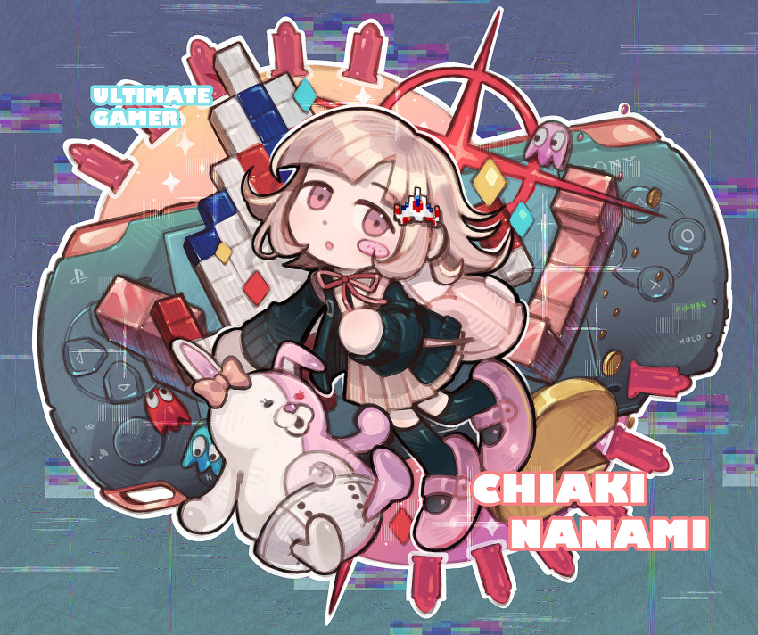 1girl 9twoeight backpack bag blinky_(pac-man) blush chibi commission danganronpa_(series) handheld_game_console highres inky_(pac-man) long_sleeves looking_at_viewer nanami_chiaki open_mouth pac-man pac-man_(game) pink_eyes pink_hair pink_shoes pinky_(pac-man) playstation_portable pleated_skirt shoes short_hair skirt solo tetris