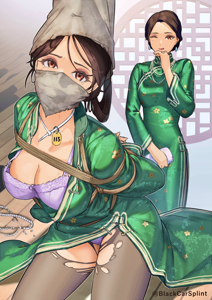 1girl bdsm before_and_after black_car_splint bondage bound bra brown_eyes brown_hair china_dress chinese_clothes cloth_gag dress gag gagged green_dress hair_bun highres improvised_gag jewelry kidnapping necklace original over_the_nose_gag panties pantyhose pearl_necklace purple_bra shibari solo tears torn_clothes torn_pantyhose underwear undressing