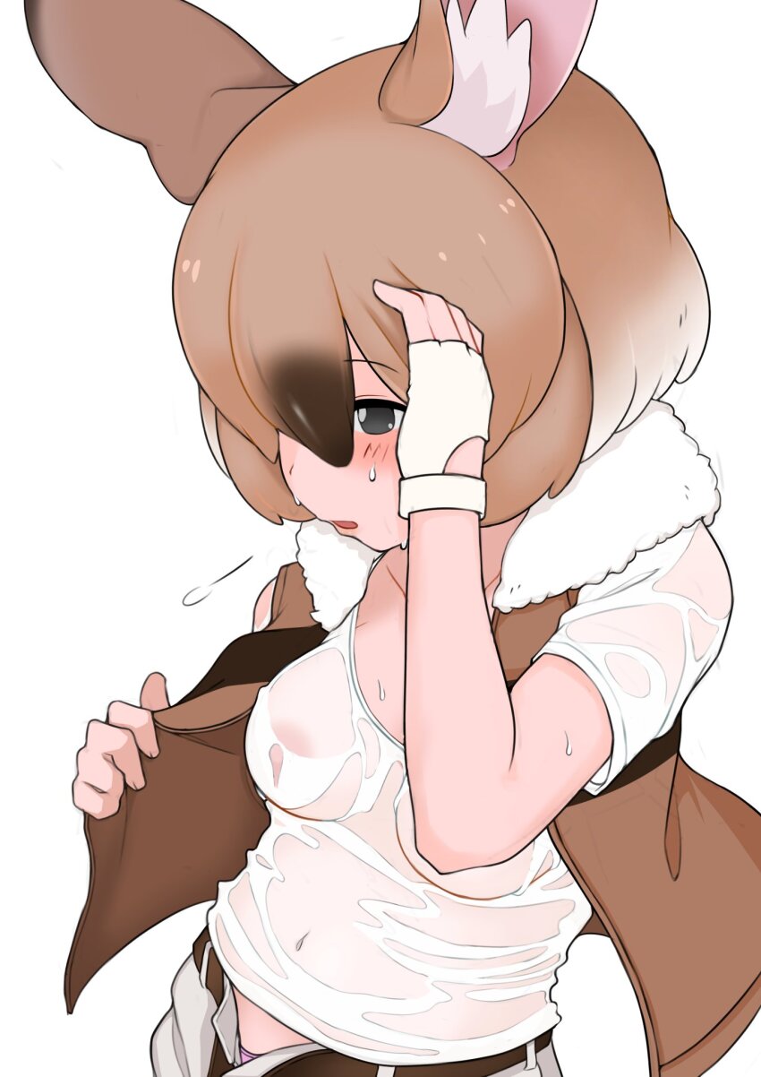 1girl animal_ear_fluff animal_ears belt black_eyes breasts brown_hair brown_vest collarbone covered_erect_nipples fingerless_gloves fur-trimmed_vest fur_trim gambian_rat_(kemono_friends) gloves gradient_hair grey_hair hair_over_one_eye hand_up highres hot illu_(illu_stratos) kemono_friends medium_breasts medium_hair mouse_ears multicolored_hair navel nipples no_bra open_belt open_clothes open_fly open_vest panties panty_peek parted_lips pink_panties see-through_clothes shirt short_sleeves simple_background solo stomach sweat underwear upper_body vest wet wet_clothes wet_shirt white_background white_gloves white_shirt