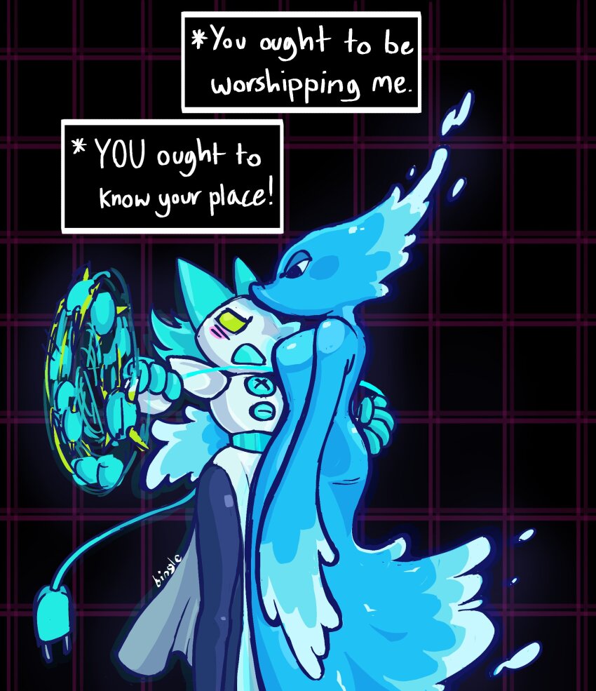 2girls animal_ears cable cable_tail cat_ears cat_girl clenched_hand colored_sclera commentary deltarune english_commentary english_text freaky_frohicky furry furry_female green_sclera half-closed_eyes highres holding mechanical_tail miss_mizzle monster_girl multiple_girls slime_girl spinning_weapon tail tasque_manager water