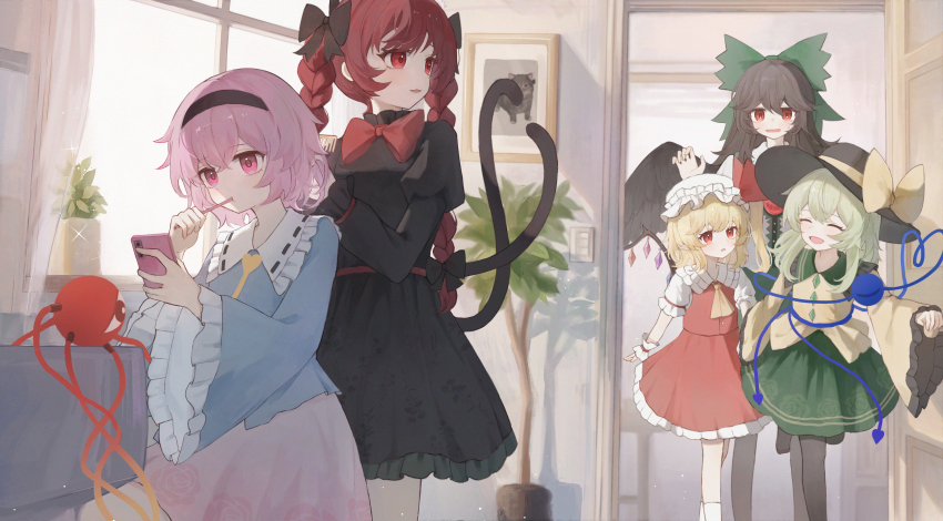 5girls ^_^ absurdres ascot black_bow black_hair black_hairband black_hat black_pantyhose black_wings blonde_hair blue_shirt bow bowtie braid brushing_hair cat_tail closed_eyes curtains day eating feathered_wings flandre_scarlet food frilled_shirt_collar frilled_skirt frilled_sleeves frills green_bow green_eyes green_skirt hair_bow hairband hat hat_bow hat_ribbon heart heart_of_string highres holding holding_food holding_phone holding_pocky huh?_cat_(meme) indoors juliet_sleeves kaenbyou_rin komeiji_koishi komeiji_satori light_switch long_hair long_sleeves looking_at_phone meme mob_cap multiple_girls multiple_tails open_mouth opening_door pantyhose petals phone picture_frame pink_eyes pink_hair pink_skirt plant pocky potted_plant puffy_short_sleeves puffy_sleeves red_bow red_bowtie red_eyes red_hair red_skirt red_vest reiuji_utsuho ribbon ribbon-trimmed_collar ribbon_trim rose_petals shirt short_hair short_sleeves skirt skirt_set socks tail third_eye touhou twin_braids two_tails vest white_hat white_shirt white_socks wide_sleeves window wings wrist_cuffs yellow_ascot yellow_bow yellow_ribbon yellow_shirt yuuneka