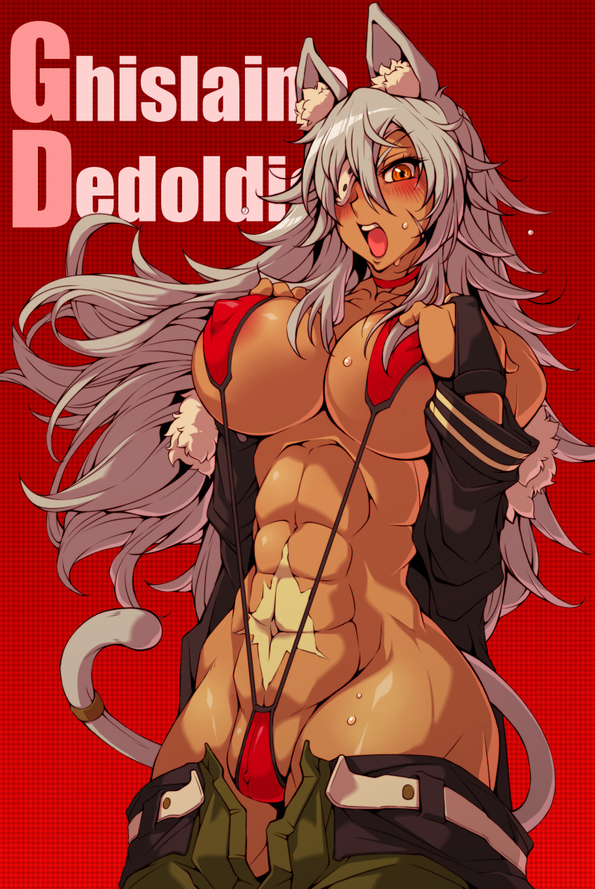1girl abs absurdres adapted_costume animal_ear_fluff animal_ears bare_shoulders black_bridal_gauntlets black_jacket blush breasts bridal_gauntlets cat_ears cat_girl cat_tail character_name choker cleavage clothes_pull collarbone commentary_request covered_clitoris covered_erect_nipples cowboy_shot dark-skinned_female dark_skin eyepatch facial_scar fur-trimmed_jacket fur_trim ghislaine_dedoldia green_pants grey_hair groin hair_between_eyes hands_on_own_chest highres jacket large_breasts long_hair long_sleeves looking_at_viewer muscular muscular_female mushoku_tensei navel off_shoulder open_mouth pants pants_pull red_background red_choker red_eyes red_slingshot_swimsuit scar scar_on_cheek scar_on_face scar_on_stomach sidelocks slingshot_swimsuit solo standing stomach sweat swimsuit tail tail_ornament tail_ring teeth upper_teeth_only yoshitsuki