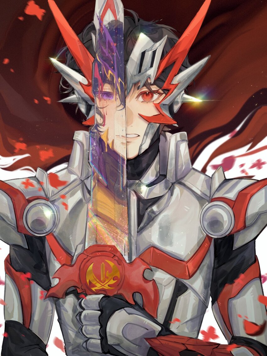 1boy armor belt breastplate clawed_gauntlets clenched_hands dragon dragon_horns elbow_spikes fake_horns fantasy faulds fukamiya_kento fur_trim gauntlets gold_trim gorget greaves helmet highres holding holding_sword holding_weapon horned_helmet horns kaenken_rekka kamen_rider kamen_rider_calibur kamen_rider_saber kamen_rider_saber_(series) kamen_rider_saber_draconic_knight kamiyama_touma knight looking_to_the_side male_focus meowq pauldrons plume purple_armor red_eyes redesign sabaton shoulder_armor shoulder_spikes simple_background single_gauntlet single_horn solo spiked_armor spiked_gauntlets spiked_helmet spikes standing sword teeth tokusatsu vambraces visor_(armor) weapon white_armor white_background white_fur yaoi