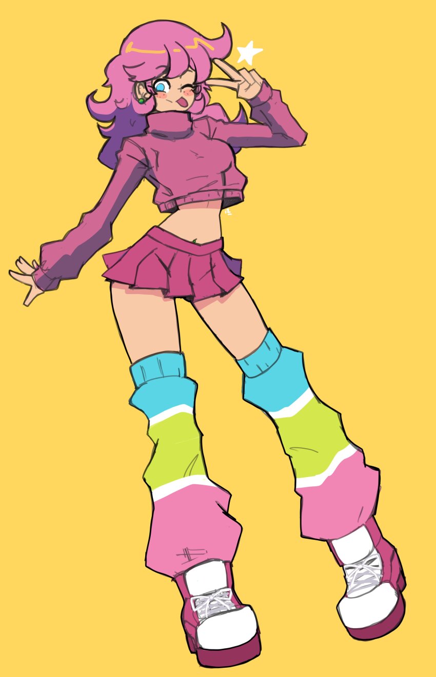 1girl :p absurdres blue_eyes blush cropped_shirt doce earrings female_focus full_body highres jewelry looking_at_viewer midriff miniskirt multicolored_thighhighs navel navel_piercing one_eye_closed party_girl_(terraria) piercing pink_hair pink_shirt pink_shoes pink_skirt shirt shoes simple_background skirt smile solo star_(symbol) terraria thighhighs tongue tongue_out turtleneck v wink yellow_background