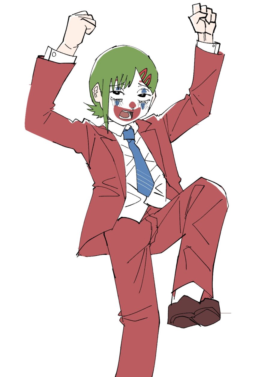 1girl alternate_costume alternate_hair_color arms_up batman_(series) blue_necktie chainsaw_man clown commentary cosplay dancing dc_comics green_hair hair_ornament hairclip higashiyama_kobeni highres jacket joker:_folie_à_deux joker_(2019) joker_(dc)_(cosplay) necktie pants red_jacket red_pants shirt simple_background solo the_joker white_background white_shirt y7u7e7