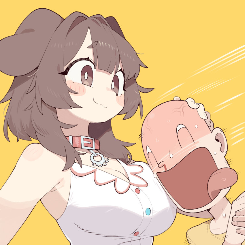 1girl absurdres animal_ears aroused_nosebleed blood blush breasts brown_eyes brown_hair cleavage cocomayo29_(tomato) collar dog_ears dog_girl hair_between_eyes highres hololive inugami_korone listener_(inugami_korone) nosebleed open_mouth sweat tongue tongue_out virtual_youtuber yellow_background