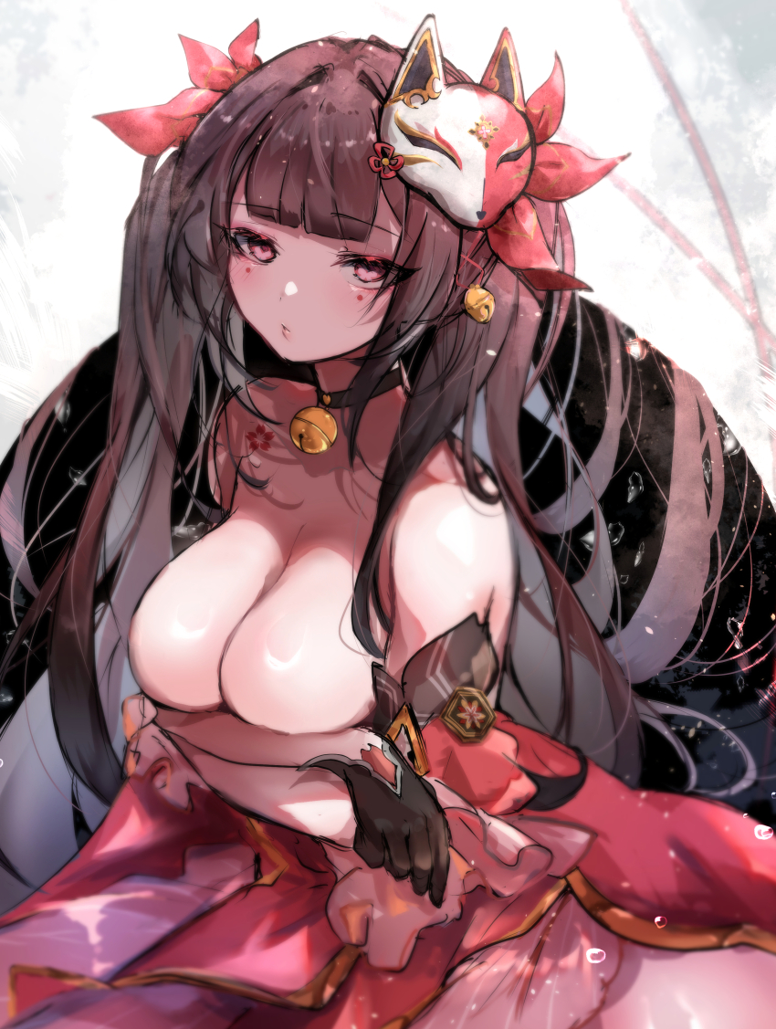 1girl absurdres bell black_gloves breasts brown_hair choker fox_mask gloves highres honkai:_star_rail honkai_(series) large_breasts long_hair looking_at_viewer mask neck_bell purple_eyes solo sparkle_(honkai:_star_rail) topless_female yaki_ringo1