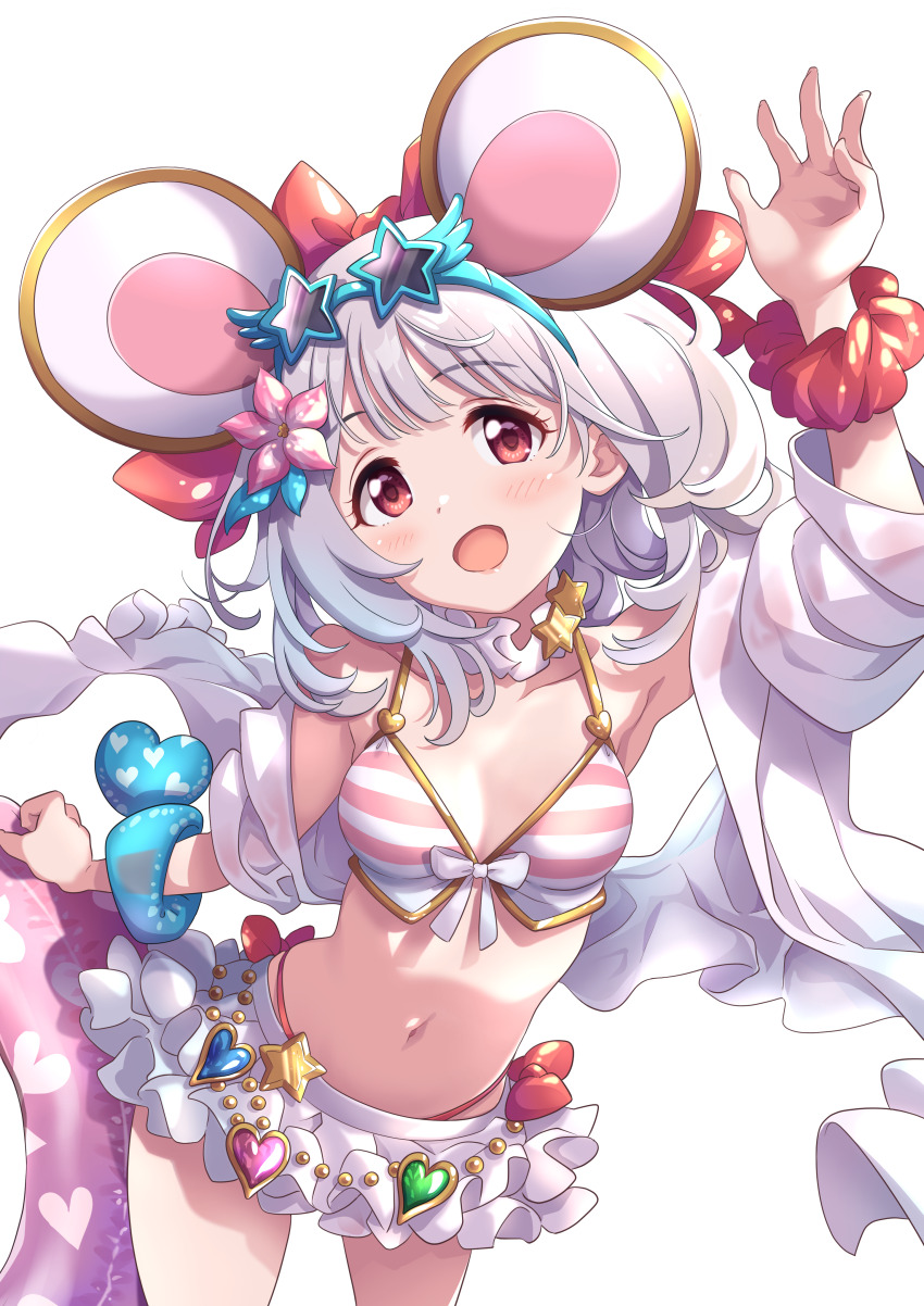 1girl absurdres animal_ears arm_up armpits bare_shoulders bikini bikini_skirt blue-framed_eyewear blush bob_cut breasts choker cleavage collarbone commentary_request eyewear_on_head flower frilled_choker frills front-tie_bikini_top front-tie_top granblue_fantasy hair_flower hair_ornament highres jacket long_sleeves mouse_ears navel open_clothes open_jacket open_mouth princess_connect! red_eyes red_scrunchie scrunchie short_hair side-tie_bikini_bottom skirt small_breasts smile solo standing star-shaped_eyewear star_(symbol) striped_bikini striped_clothes sunglasses swimsuit tsukachii vikala_(blooming_summer_wallflower)_(granblue_fantasy) vikala_(granblue_fantasy) white_background white_jacket wrist_scrunchie