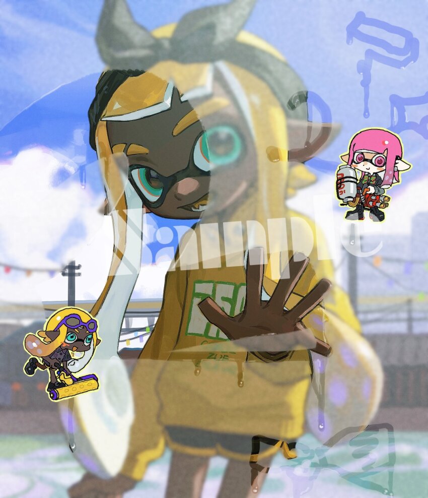 2girls aqua_eyes black_bow black_hairband black_shorts blonde_hair bow bow_hairband chibi chibi_inset colored_tongue commentary cowboy_shot dark-skinned_female dark_skin eyebrow_cut fang hair_bow hairband highres holding holding_weapon hydra_splatling_(splatoon) inkling inkling_girl inkling_player_character long_hair long_sleeves looking_at_viewer miko_(15476997) multiple_girls nintendo open_hand open_mouth pointy_ears sample_watermark shorts smile solo_focus splat_roller_(splatoon) splatoon_(series) sweater symbol-only_commentary tentacle_hair watermark weapon yellow_sweater yellow_tongue