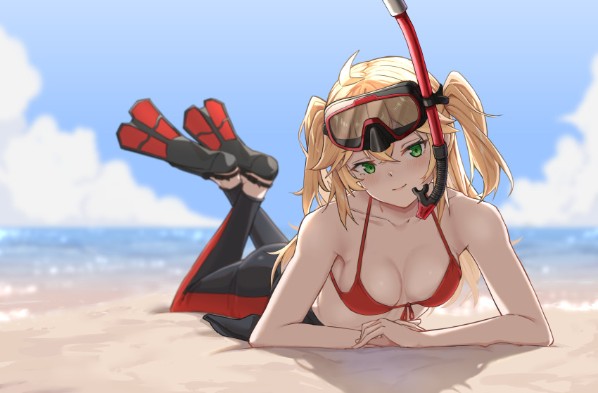 1girl admiral_hipper_(azur_lane) ahoge azur_lane bare_shoulders beach bikini blonde_hair blue_sky blurry blurry_background blush bodysuit breasts cleavage closed_mouth collarbone crossed_ankles day depth_of_field diving_suit feet_up front-tie_bikini_top front-tie_top full_body goggles goggles_on_head green_eyes head_tilt highres long_hair looking_at_viewer lying medium_breasts ocean on_stomach outdoors red_bikini red_ribbon ribbon sand sky smile snorkel solo sundajin_asagi swimsuit two_side_up wetsuit