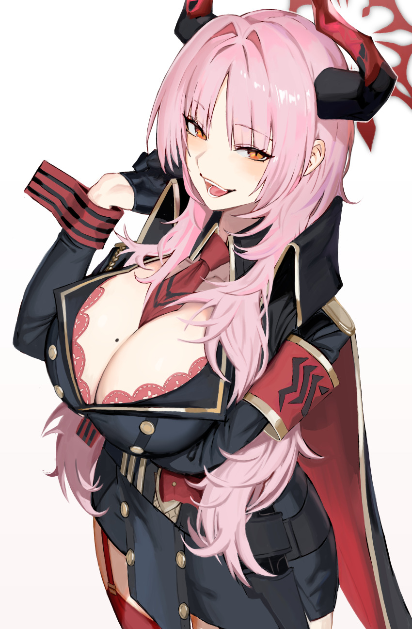 1girl absurdres armband between_breasts blue_archive breasts buttons cape cleavage commentary double-breasted franz2543 gloves grin gun handgun highres horns large_breasts long_hair long_sleeves mauser_c96 military military_uniform mole mole_on_breast necktie necktie_between_breasts open_mouth orange_eyes pink_hair satsuki_(blue_archive) simple_background smile solo standing teeth tongue weapon white_background