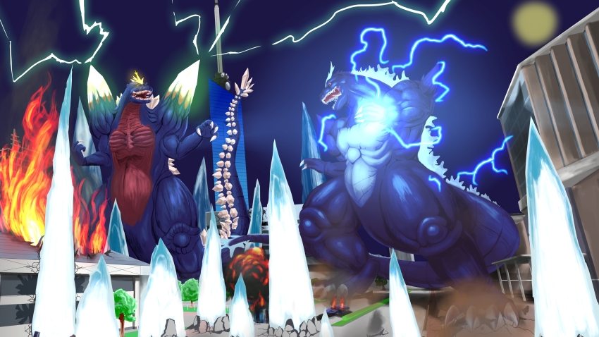 absurdres advance_communication_company alien city cityscape clone crest crystal crystal_fortress destruction dinosaur electricity energy energy_fist explosion fire fukuoka_(city) fukuoka_tower giant giant_monster glowing glowing_eyes glowing_fist glowing_hand godzilla_(series) godzilla_vs._spacegodzilla highres horns japan kaiju lightning lightning_rod monster moon muscular muscular_male night nyoki_(naioki) plasma real_world_location red_eyes shoulder_spikes single_horn space_monster spacegodzilla spiked_tail spikes super_godzilla super_godzilla_(character) tail toho
