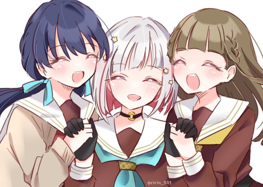 3girls :d ^_^ aqua_neckerchief black_choker black_gloves blue_hair blue_ribbon blush bob_cut braid brown_cardigan brown_dress brown_hair cardigan center-flap_bangs choker closed_eyes colored_inner_hair commentary_request diagonal_bangs dollchestra dress facing_viewer gloves grey_hair hair_ornament hair_ribbon half_gloves hasu_no_sora_school_uniform holding_hands inverted_bob kachimachi_kosuzu link!_like!_love_live! long_hair long_sleeves love_live! low_twintails multicolored_hair multiple_girls murano_sayaka neckerchief o-ring o-ring_choker open_cardigan open_clothes open_mouth red_hair red_neckerchief ribbon ririn_(ririn_501) sailor_collar sailor_dress school_uniform short_hair side_braids smile star_(symbol) star_hair_ornament streaked_hair teeth twintails twitter_username upper_teeth_only virtual_youtuber white_sailor_collar winter_uniform yellow_neckerchief yugiri_tsuzuri